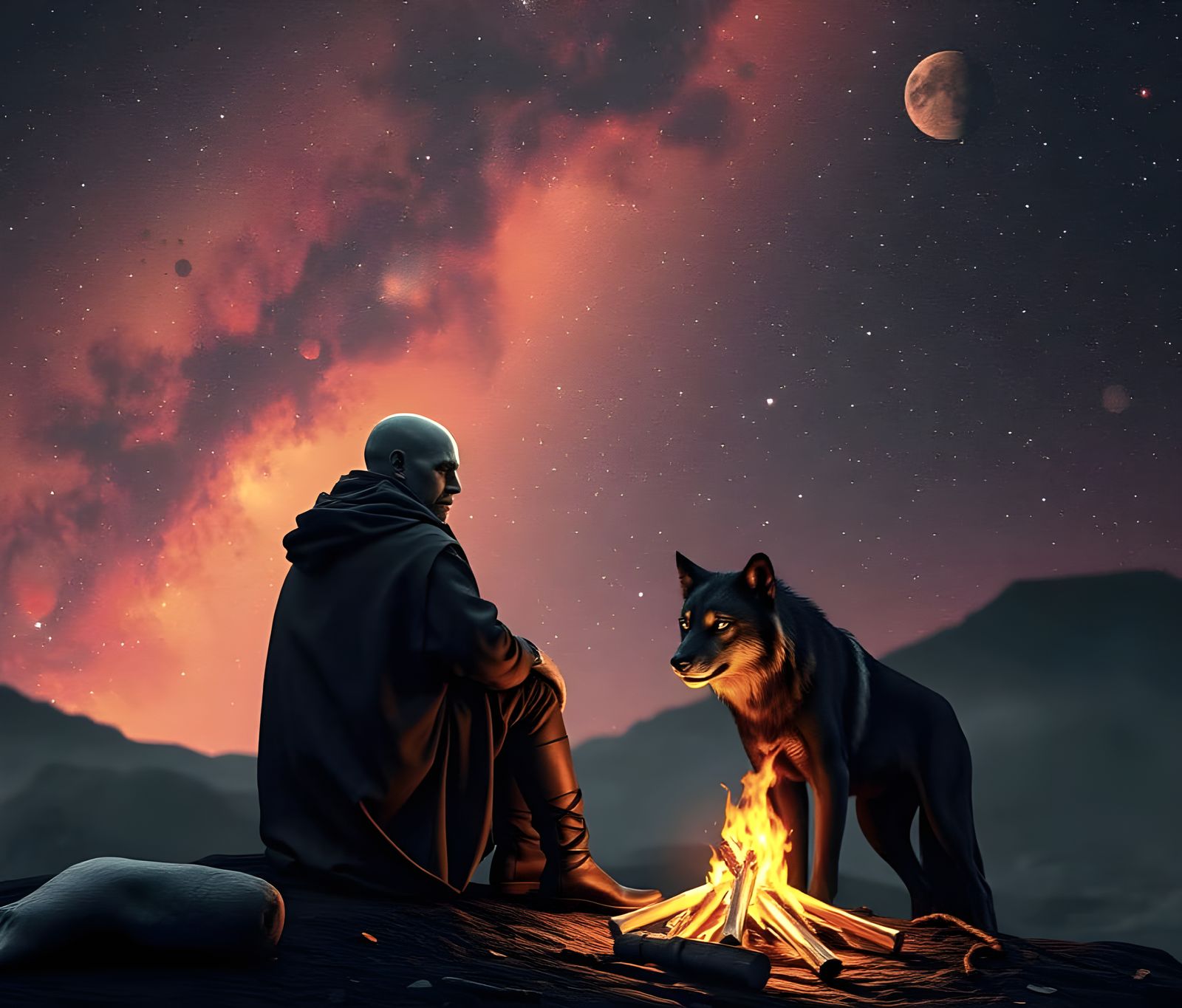 Alien Man and Wolf Gaze at Galaxy