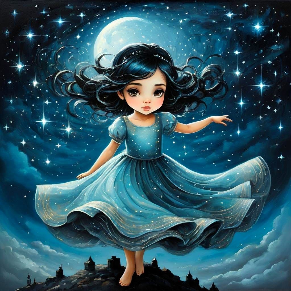 Princess Dancing in Starry Sky: Surrealist Oil Painting