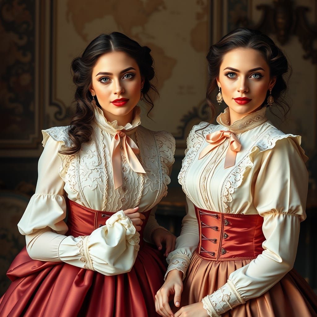 Feminine Ladies in Elegant, High-Collared Blouses and Full S...
