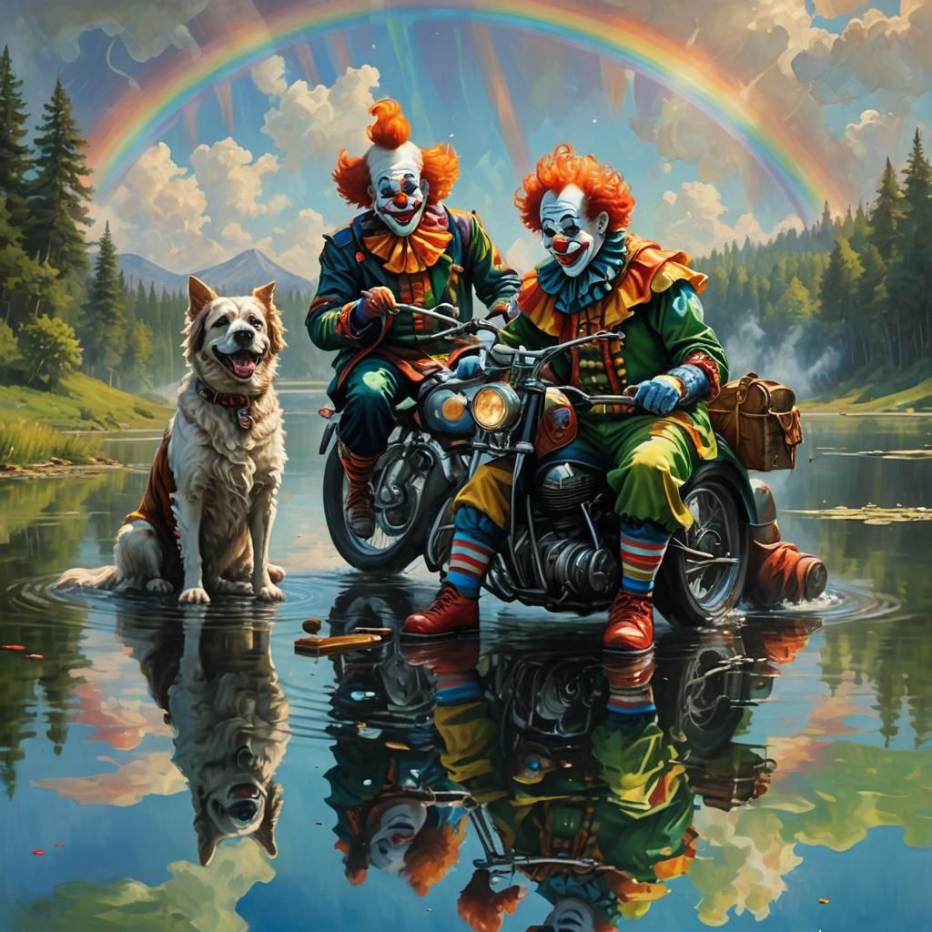 Clowns' Lakeside Motorcycle Ride: Fantasy Concept Art