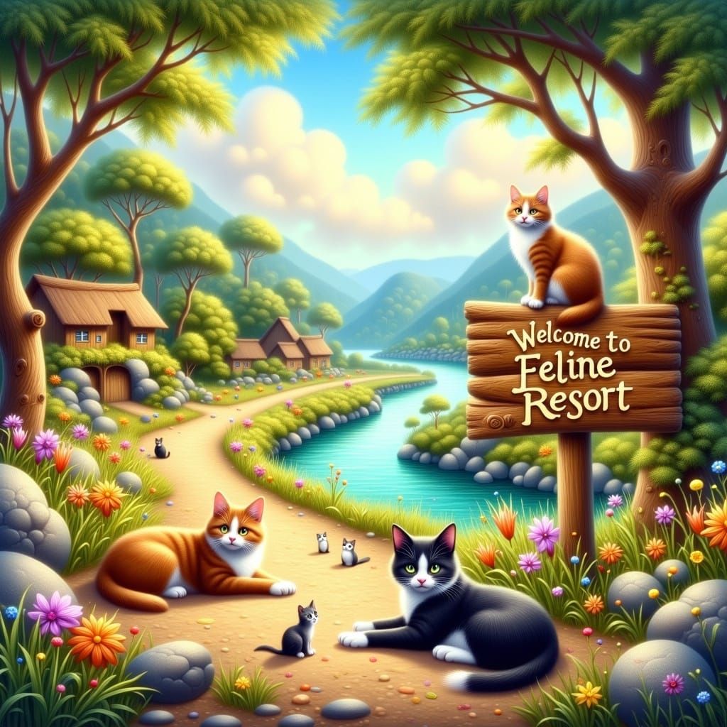 Cats Relaxing at Feline Resort: Naive Art Landscape
