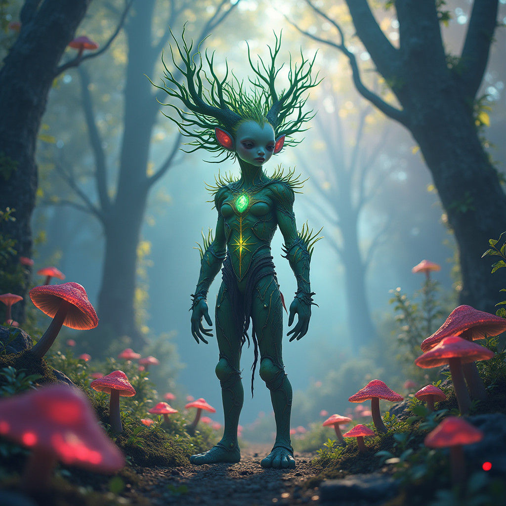 Mystical Forest: Bud-like Humanoid in Fantasy Art Style