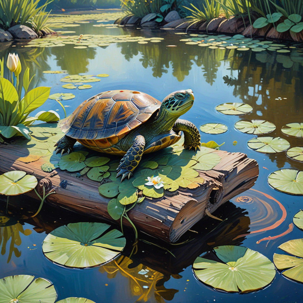 Gouache Masterpiece of a Turtle Basking on a Log
