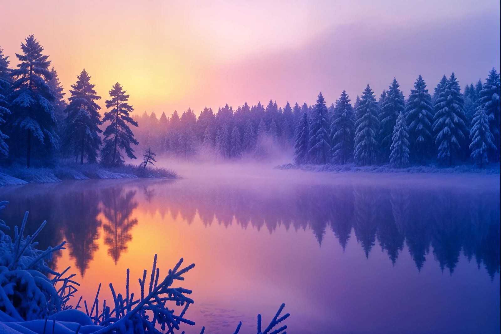 Mysterious Foggy Forest Over Frozen Lake at Dawn