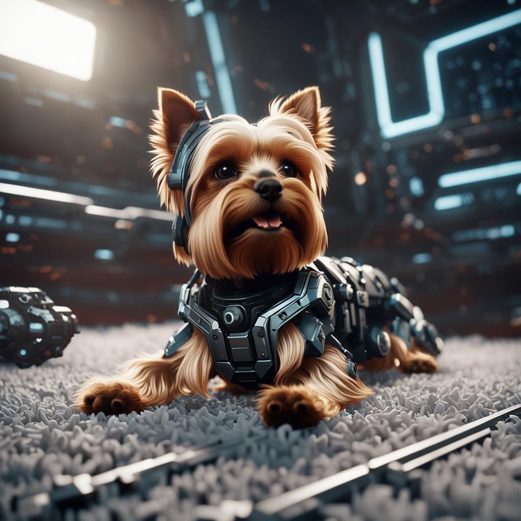 Yorkie Puppy Rolling: Sci-Fi Mech Details in 8K