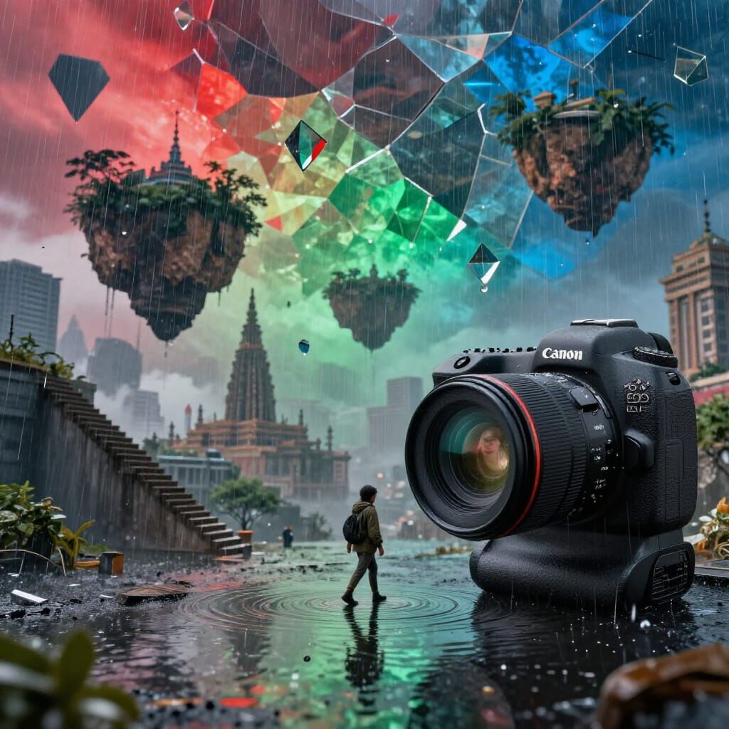 Surreal Cityscape With Mirror Rain Reflecting Other Worlds