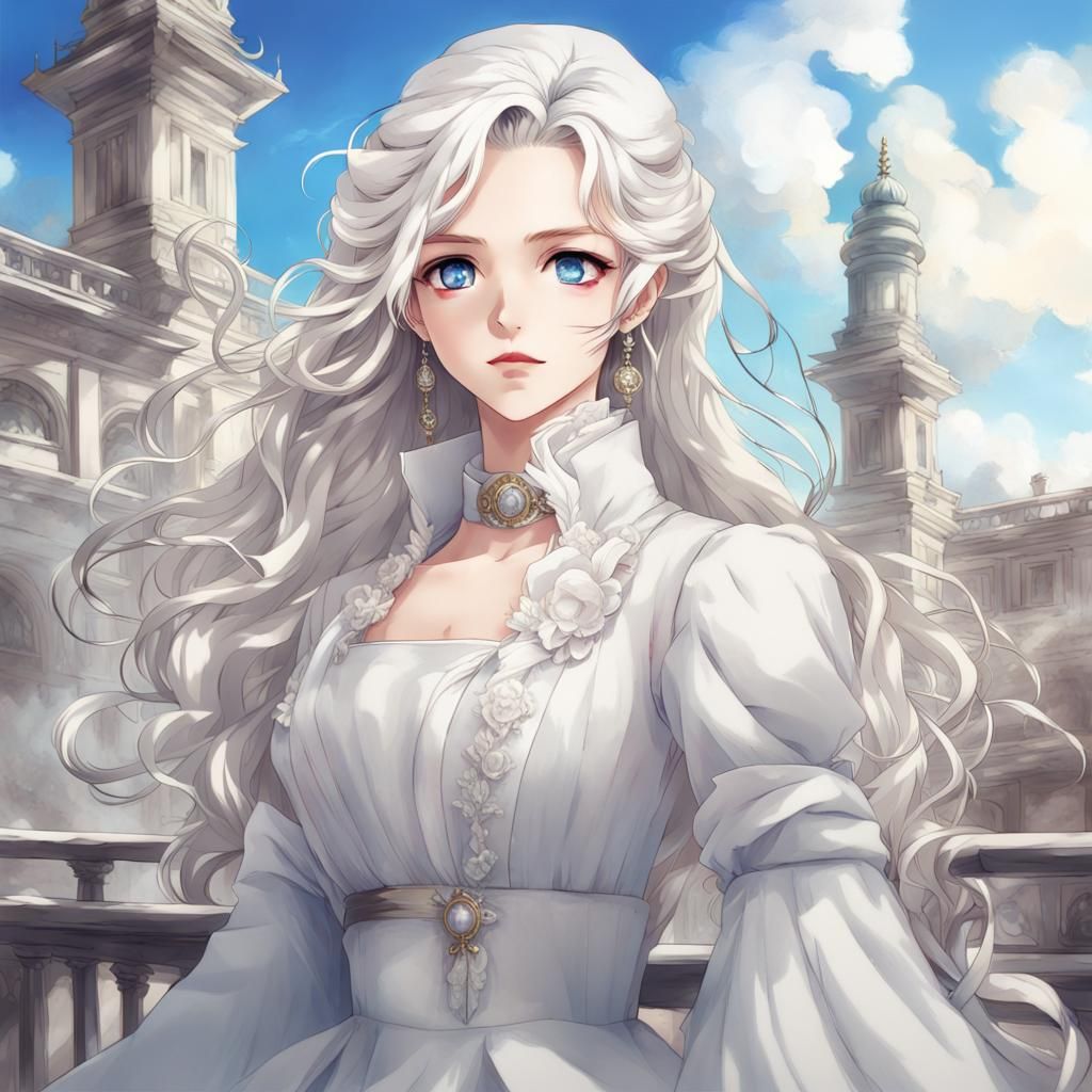 Regency Era Woman with White Hair in Anime Style