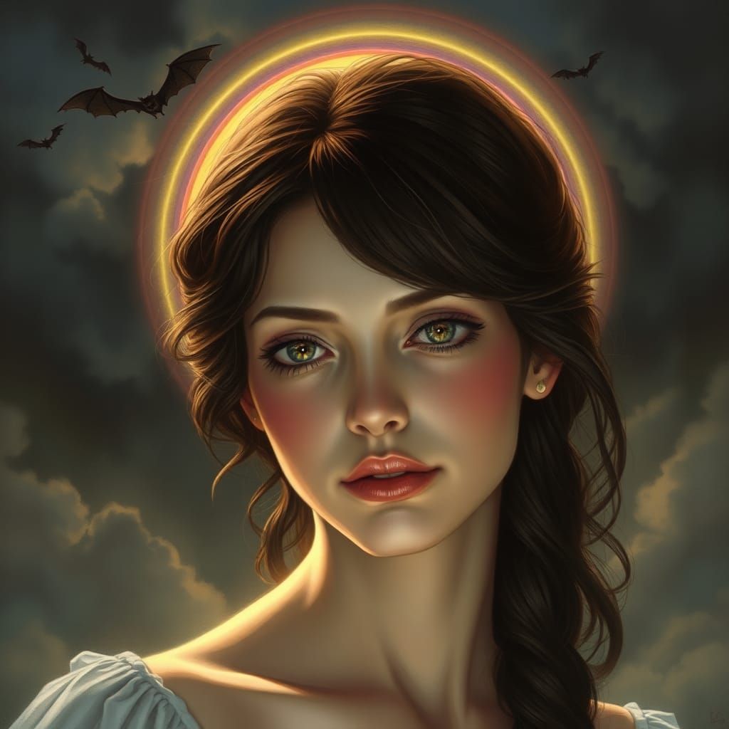 "брюнетка. Нежность. Любовь. Страсть. Секс. Радуга. Сияние. Красота. Летучие мыши. Реализм. Романтизм. Мрачность. Блеск....