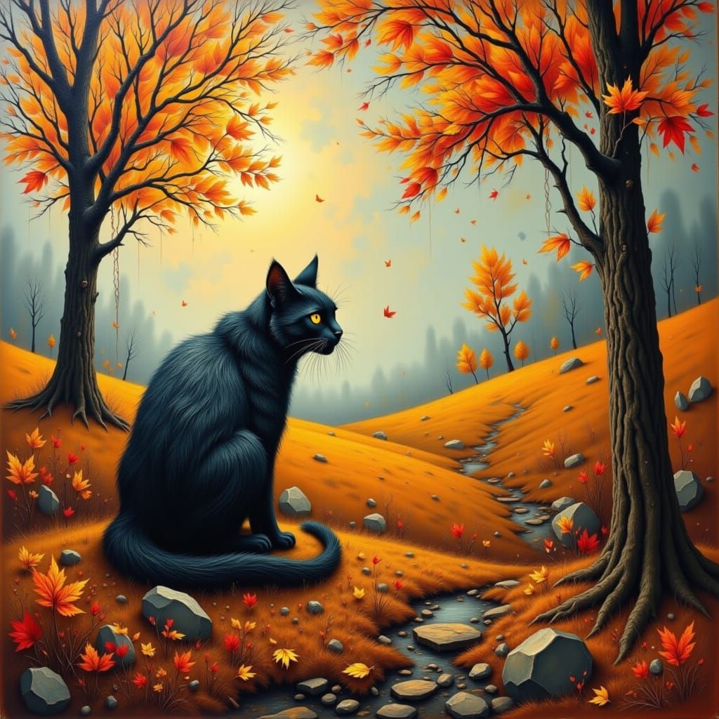 Surreal Cat in Autumn Landscape