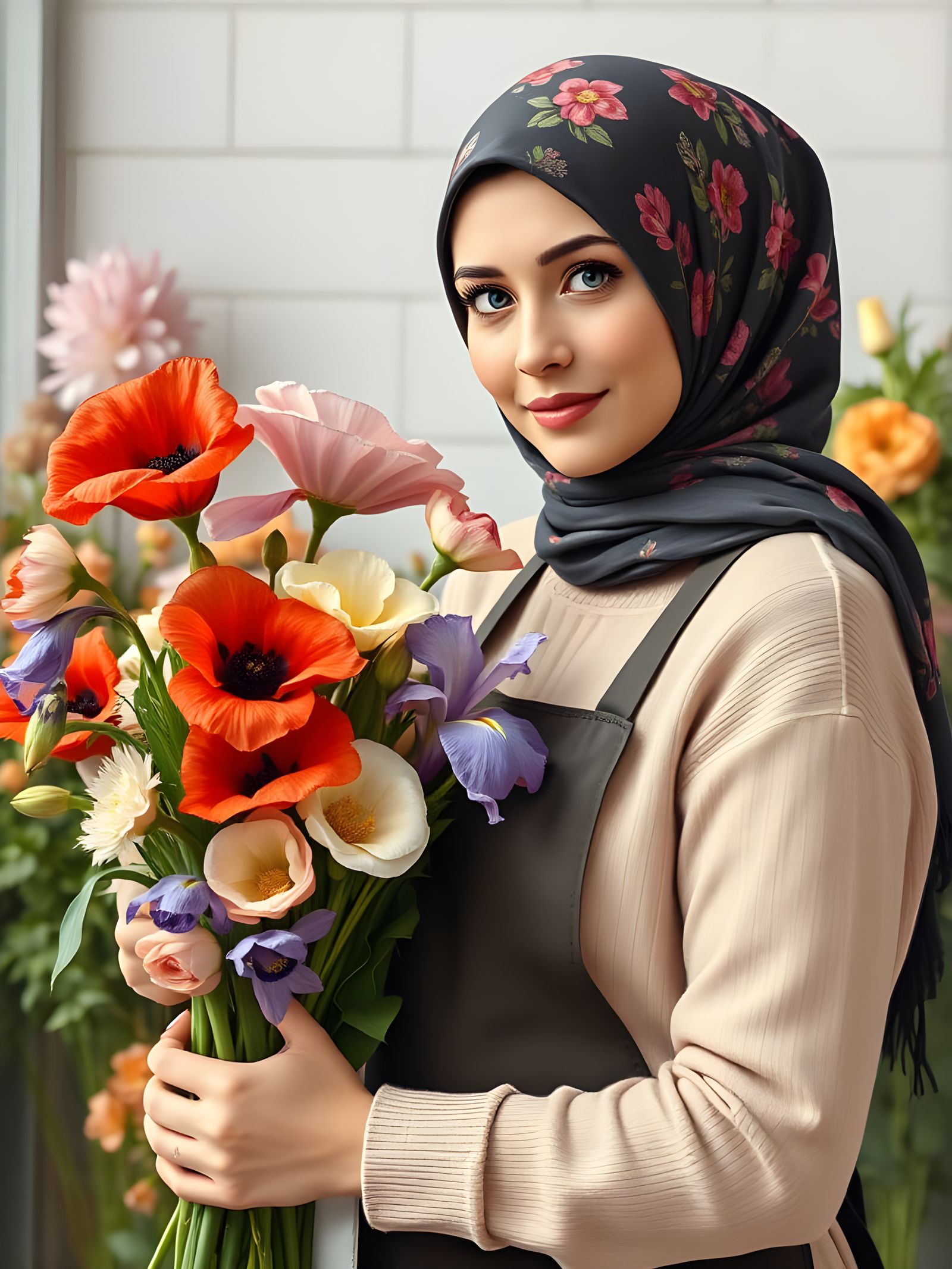 Swedish Hijabi Florist Arranging a Bouquet
