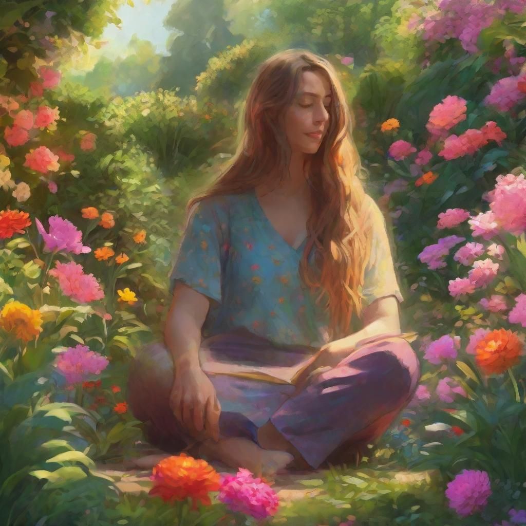Serene Figure Meditates in Vibrant Garden
