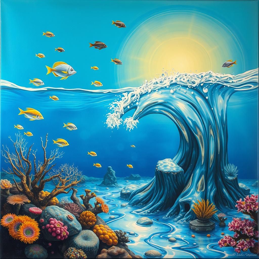 A deep-sea scene. The reflective nature of the scene adds a ...