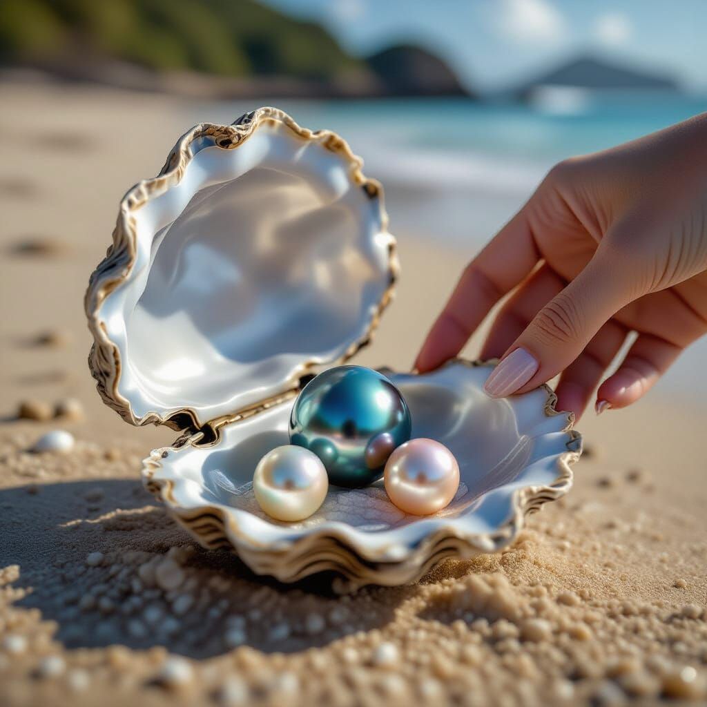 Oyster Shell with Pearls on Beach, Cinematic Style