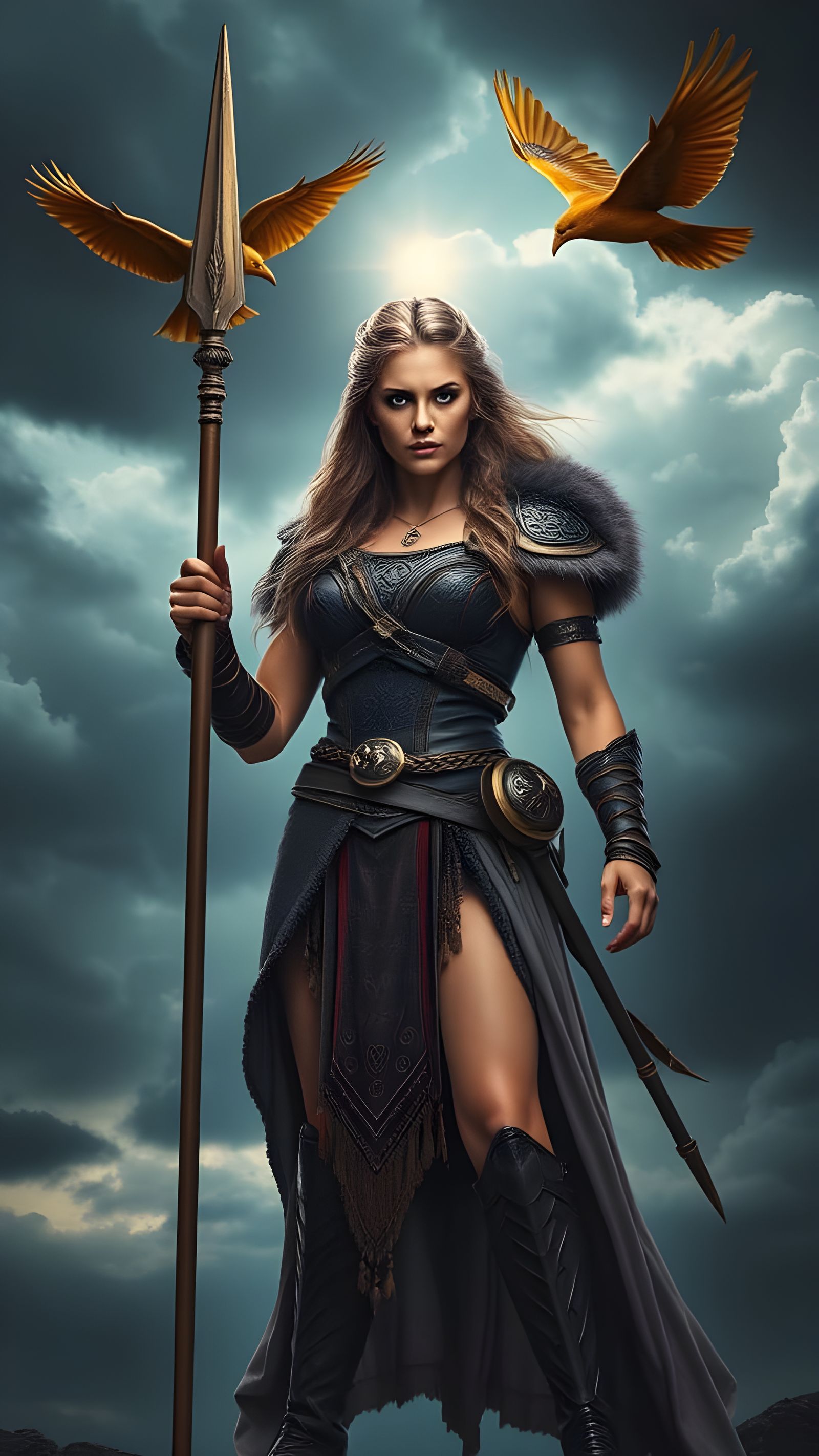 Freyja-Inspired Nordic Warrior Woman Under Stormy Sky