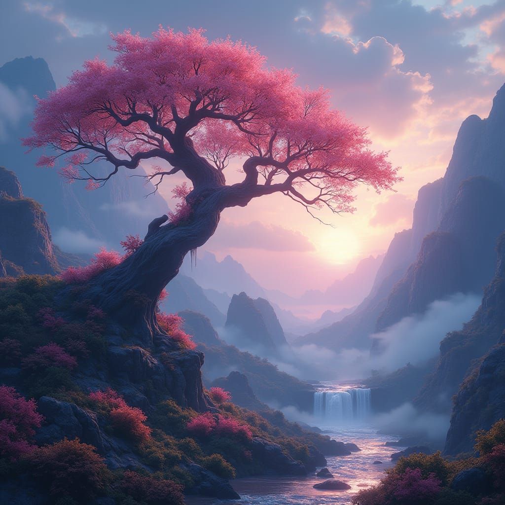 Ethereal Fantasy Realm with Glowing Tree and Misty Mountains...