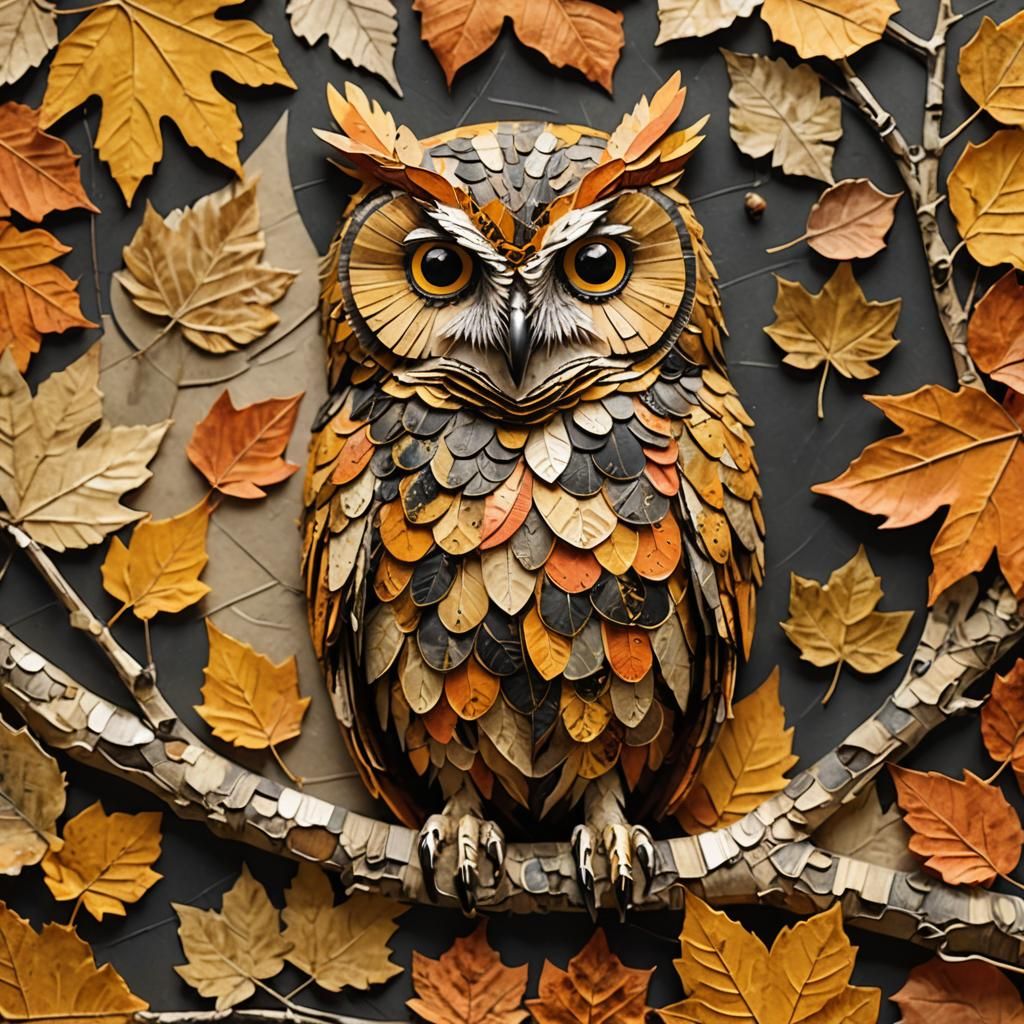 Autumn Leaf Owl Collage in Nature Art Style
