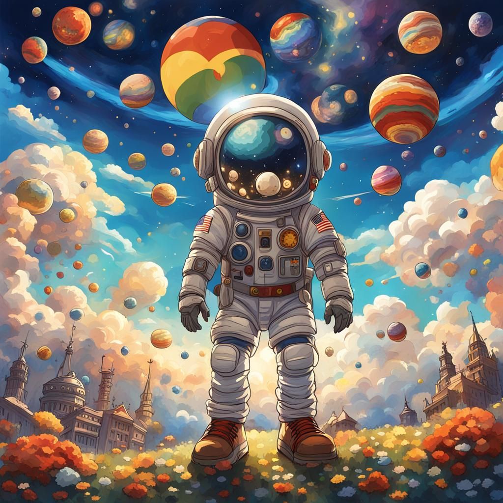 Astronaut Cartoon in Space with Fireworks