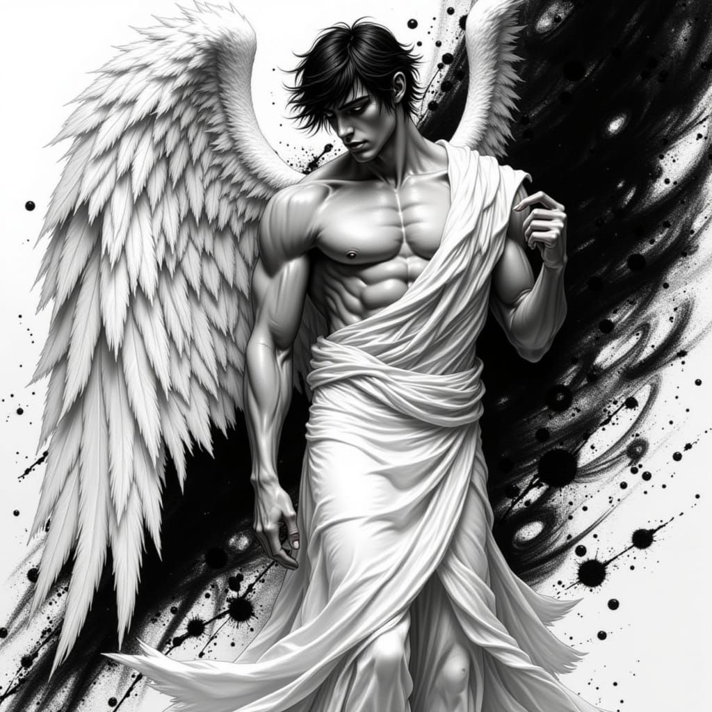 Male Angel Amidst Black Ink Splatters in Abstract Style