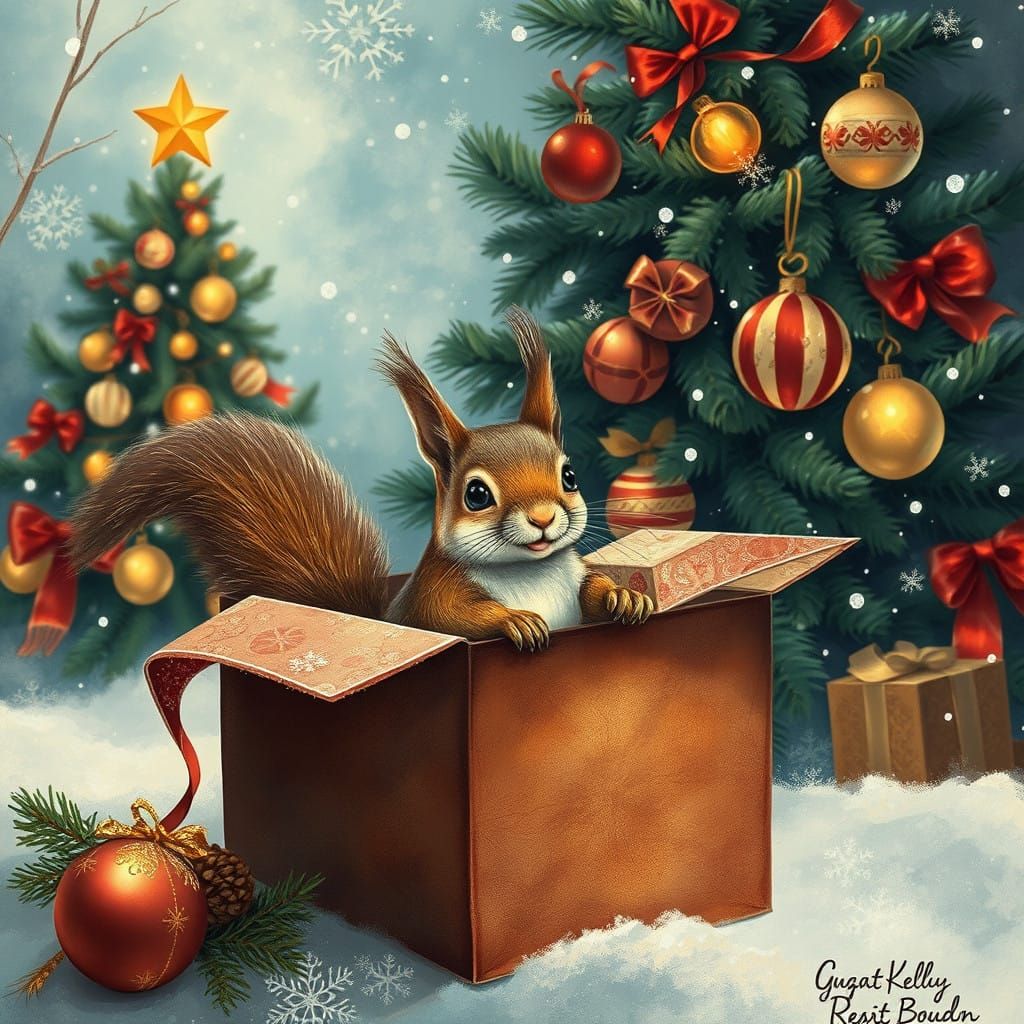 Whimsical Christmas Squirrel Unveiled in Gustav Klimt-Inspir...