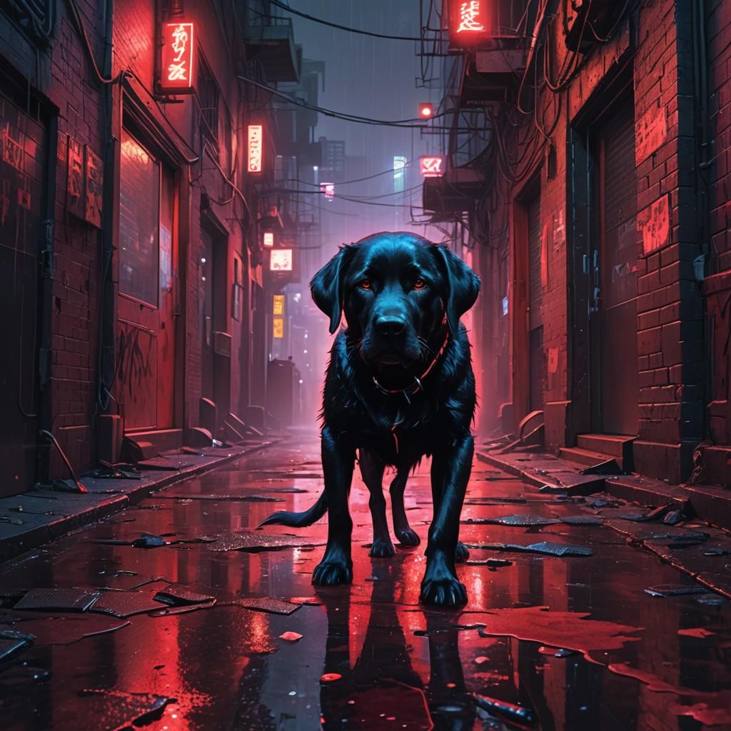 Cyberpunk Black Lab in Neon Dystopian Alley