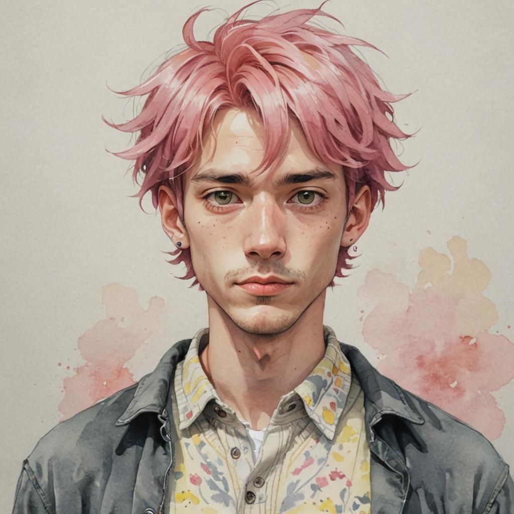 Man with Pink Hair and Gray Eyes in Cozy Yellow Sweater