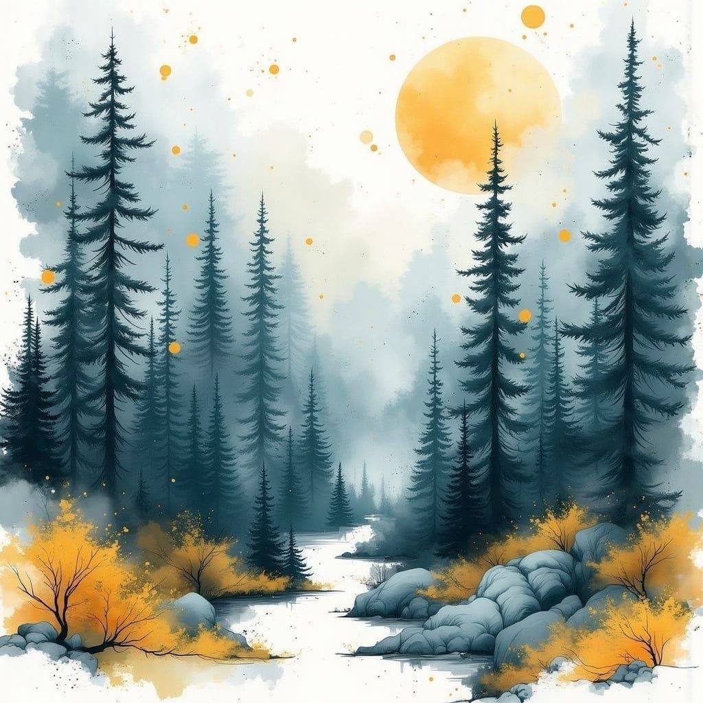 Watercolor Pine Forest Landscape