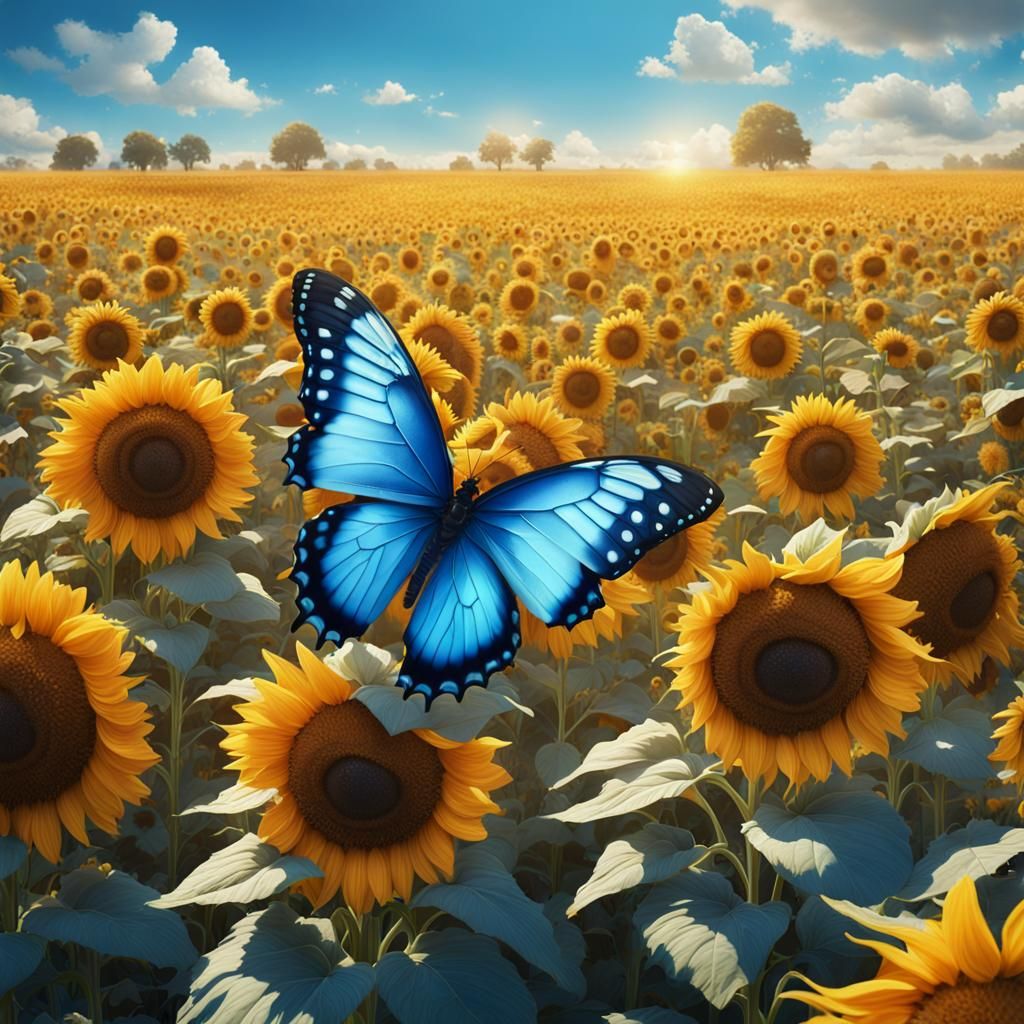 Blue Butterfly Wings Over Sunflower Field in 8k