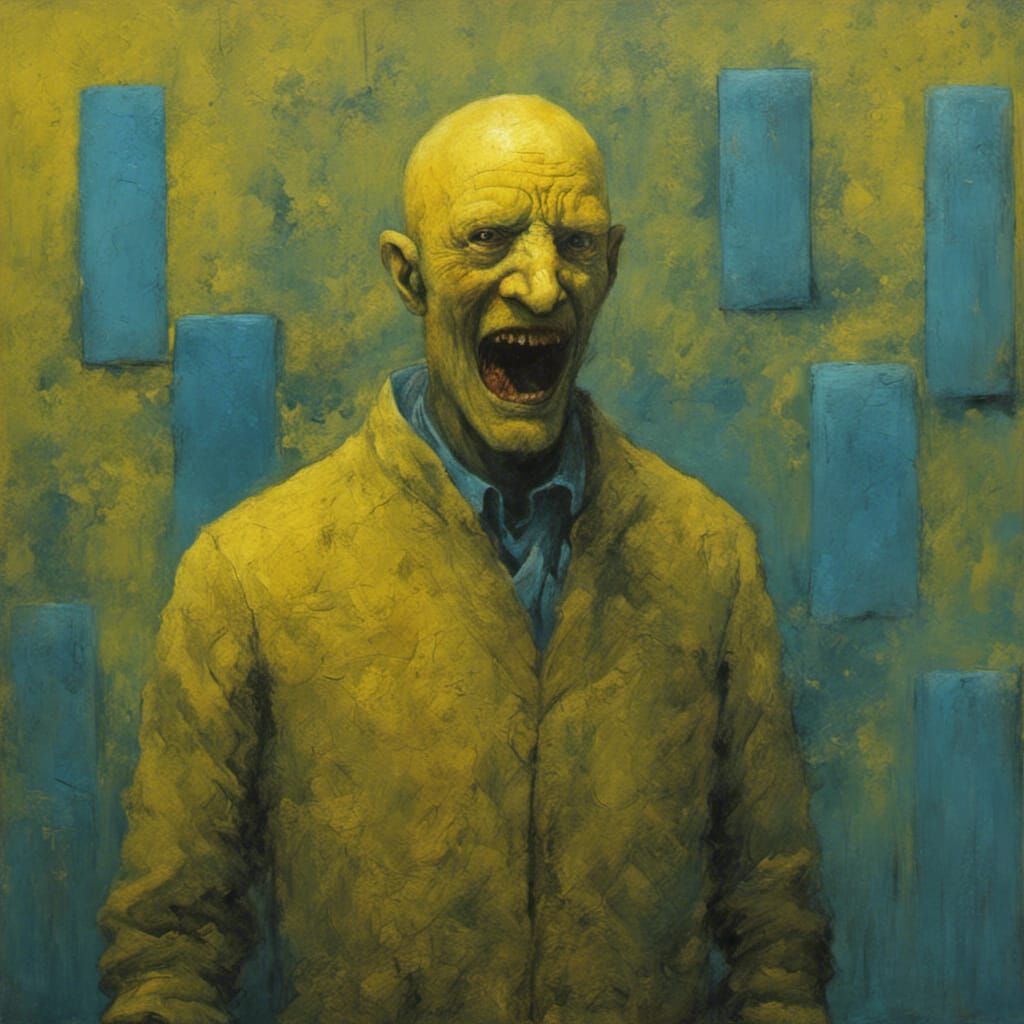 Surreal Yellow Figure Laughing in Blue Room