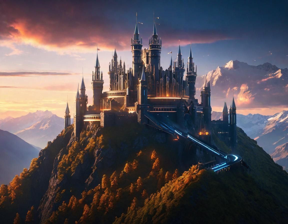 Futuristic Mountaintop Castle with Volumetric Lighting