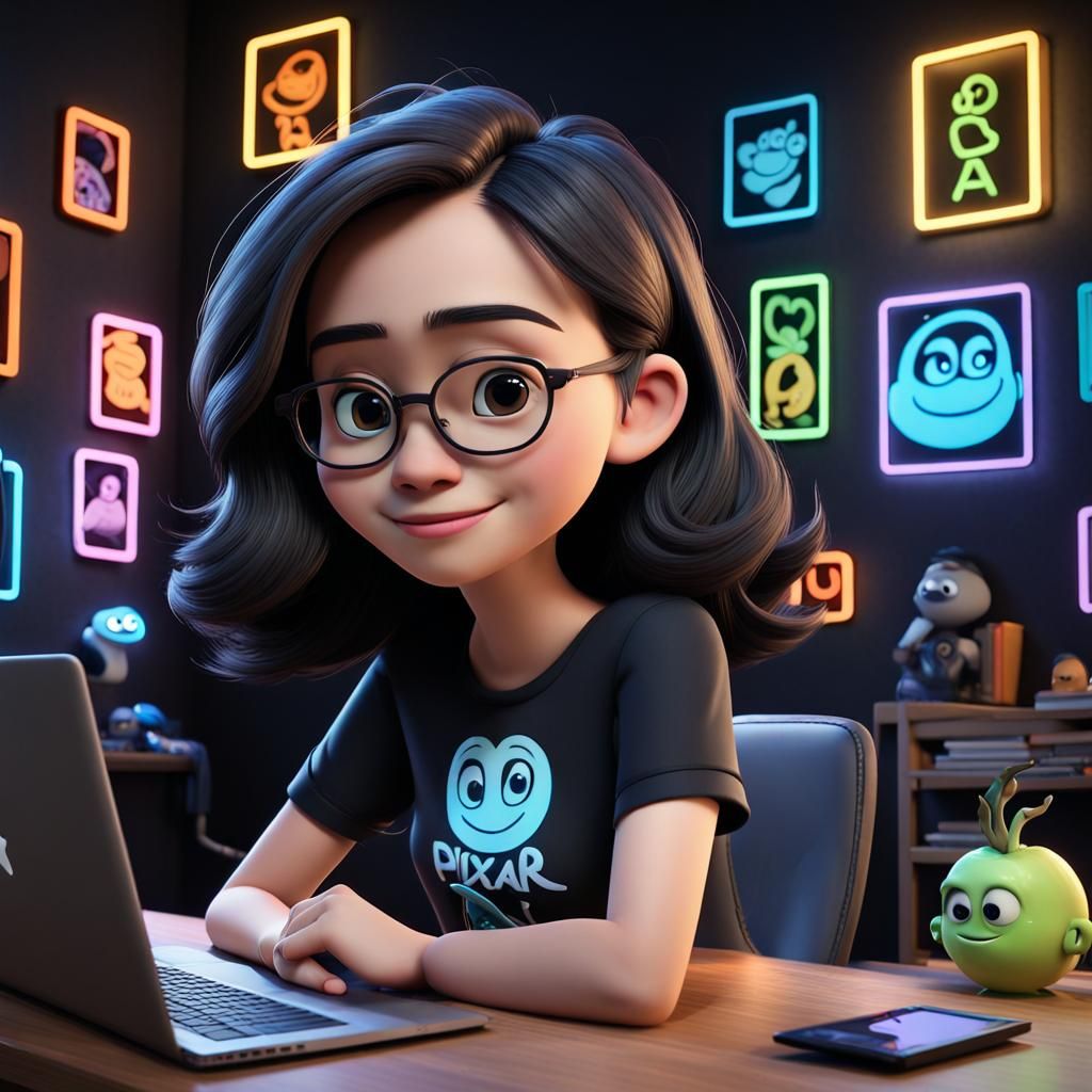 Disney pixar style 3D. Buatkan saya sebuah karakter pria seorang content strategist dan creative. Menggunakan baju hitam...