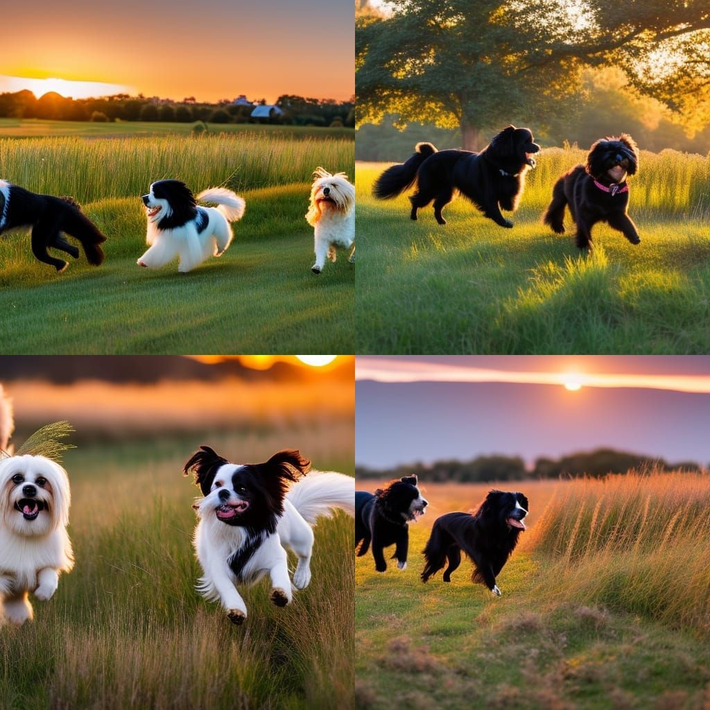 Dogs Running in Sunset Meadow