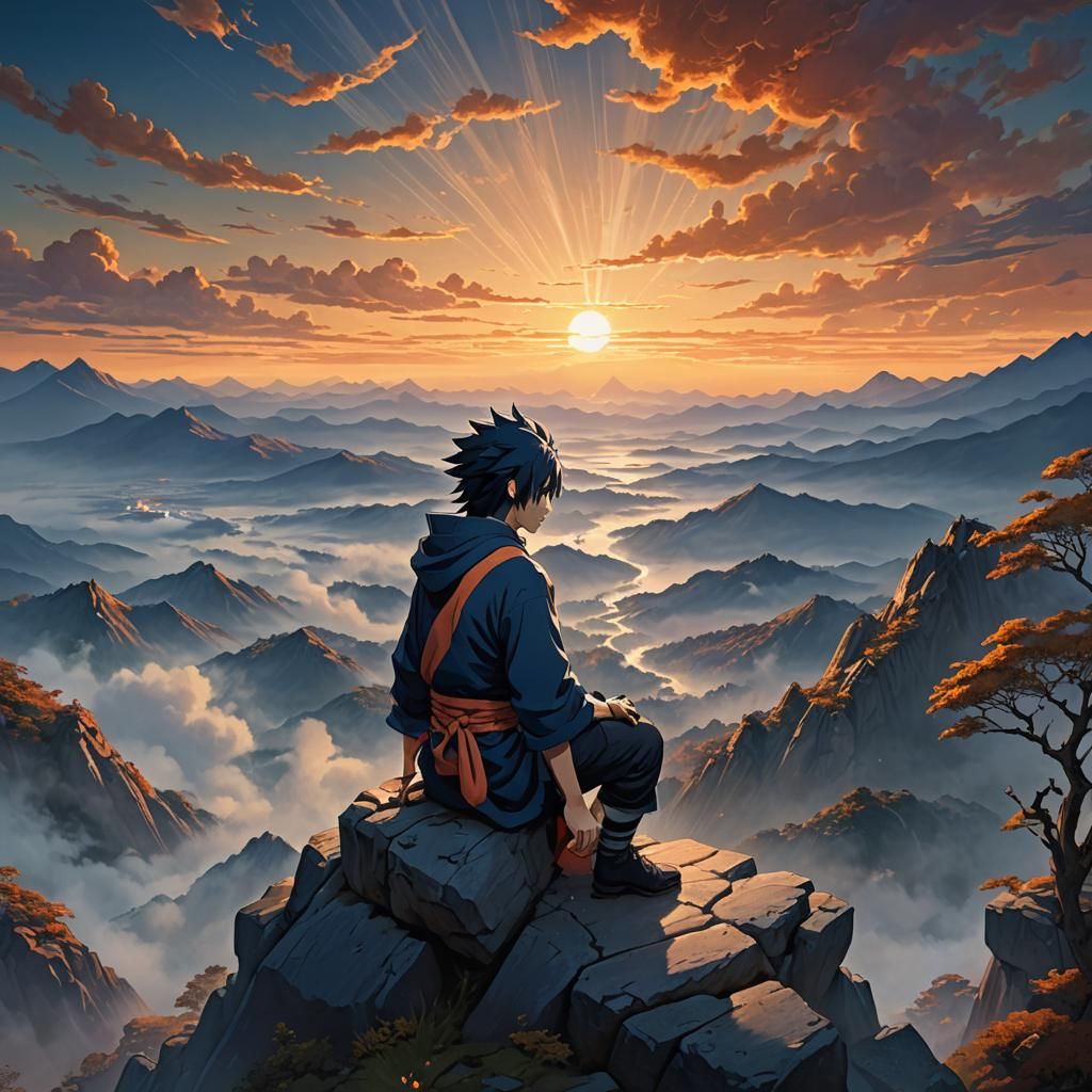Sasuke Uchiha on Mountain Ledge at Sunset
