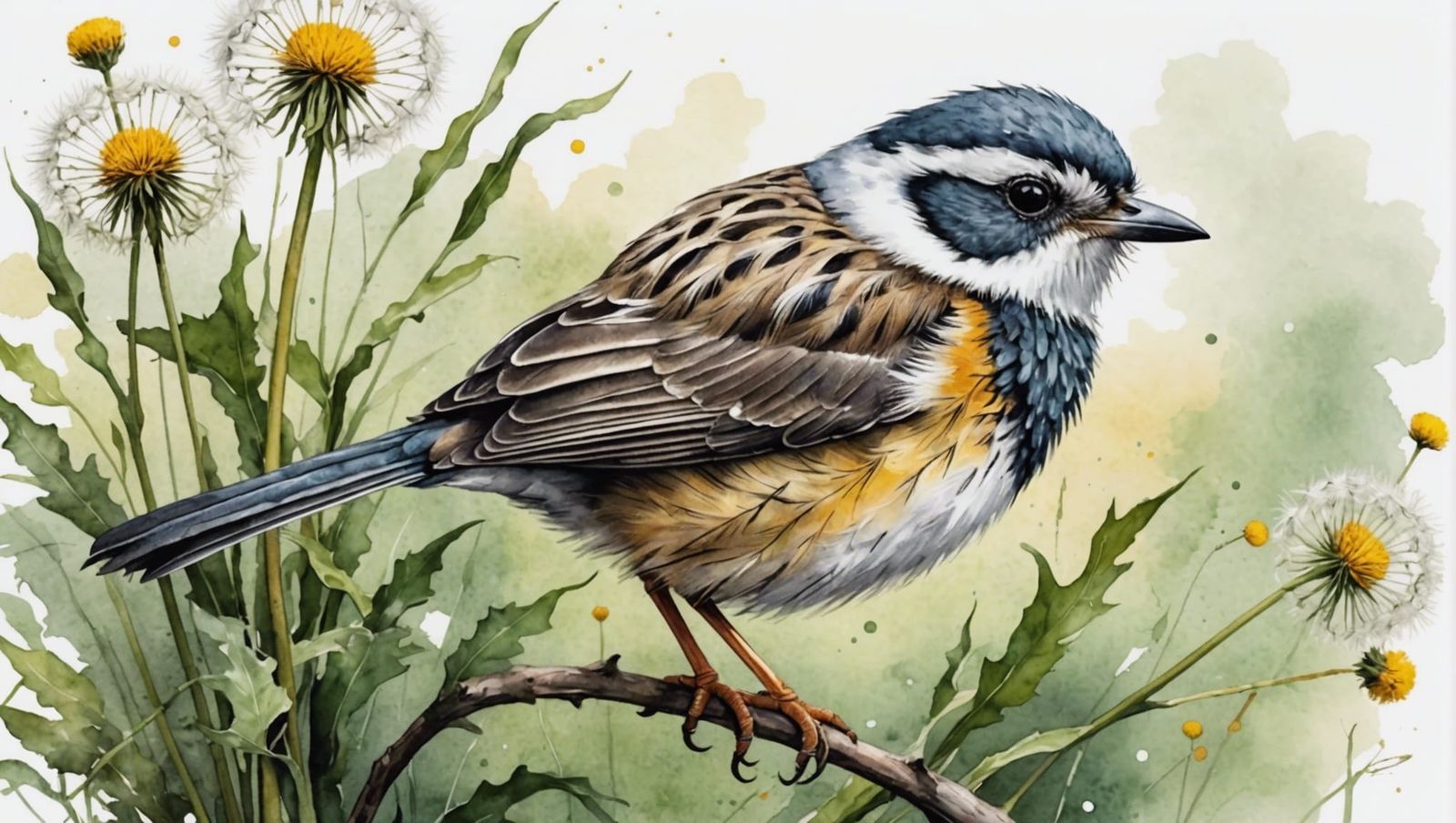 Pastel Bird on Branch: Watercolor Ink Painting