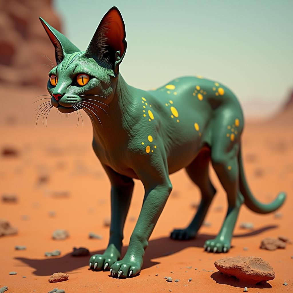 Imposing Martian Cat on Red Terrain in Sci-Fi Style