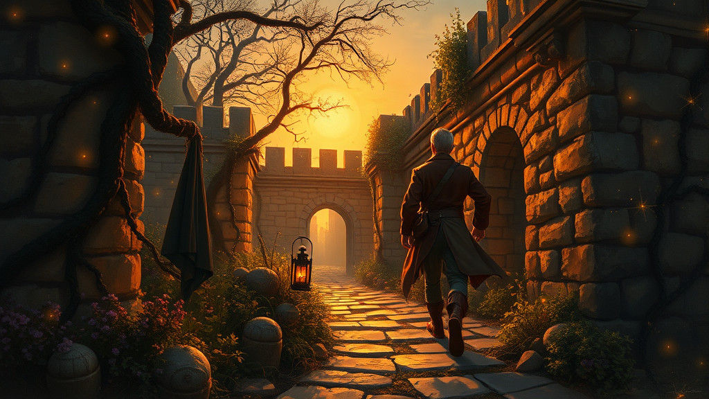 Mystical Garden Adventurer: Golden Hour Oil Painting