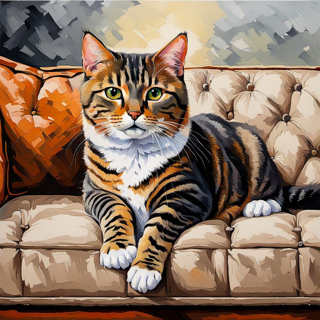 Tabby Cat on Sofa in Oil Painting Style