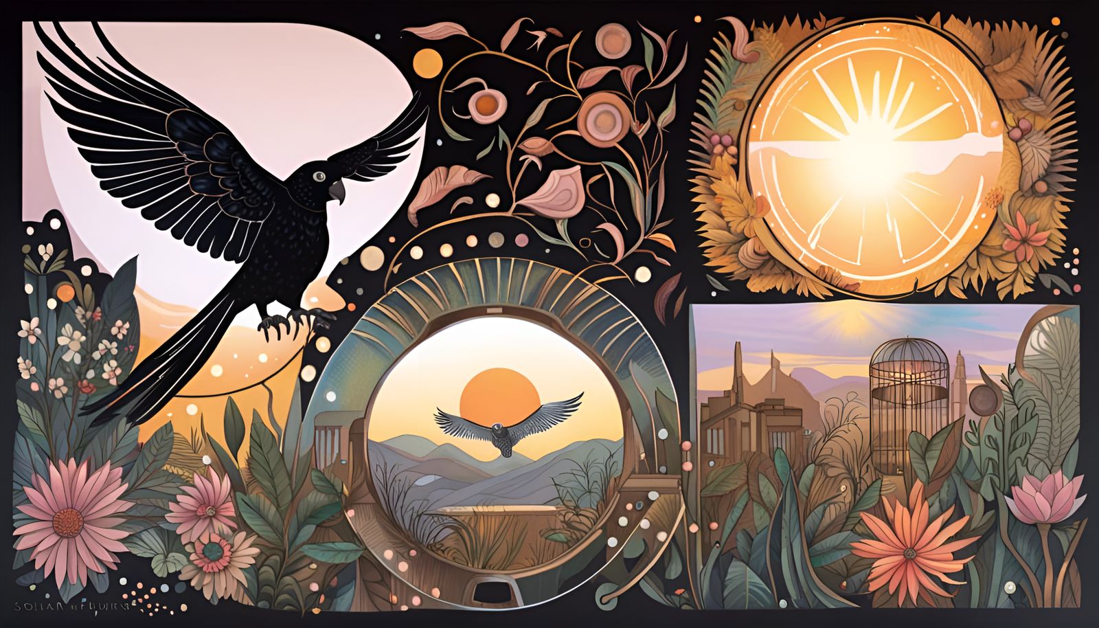 Solarpunk Tasmanian Island with Cockatoo in Art Nouveau Styl...