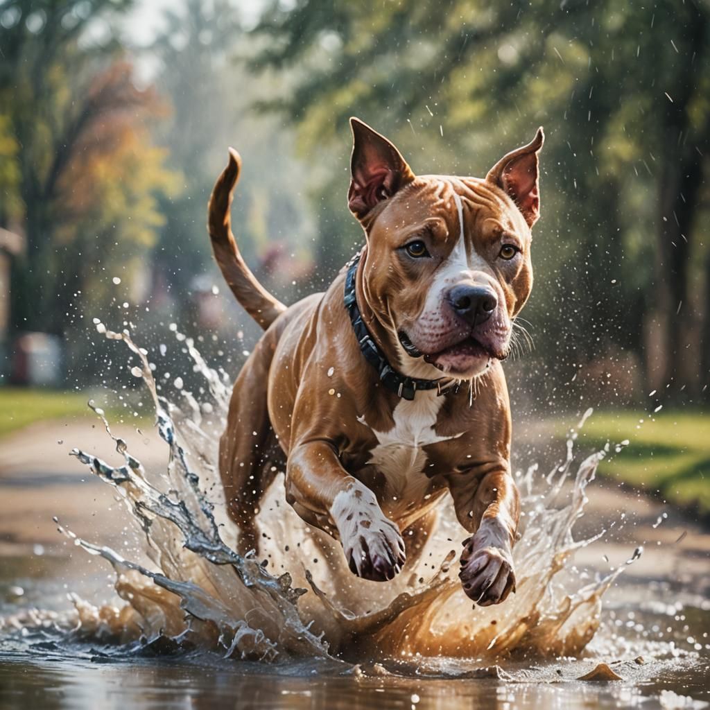 Pitbull Leaps Through Puddle in Watercolor Oil Painting
