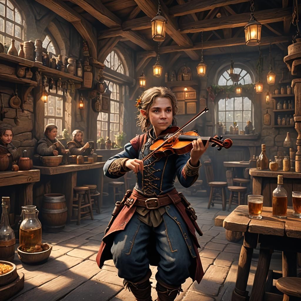 Halfling Bard Plays Fiddle: Fantasy Concept Art