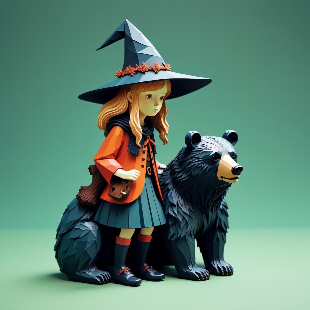 Witch and Bear Guardian in Minimalist Style
