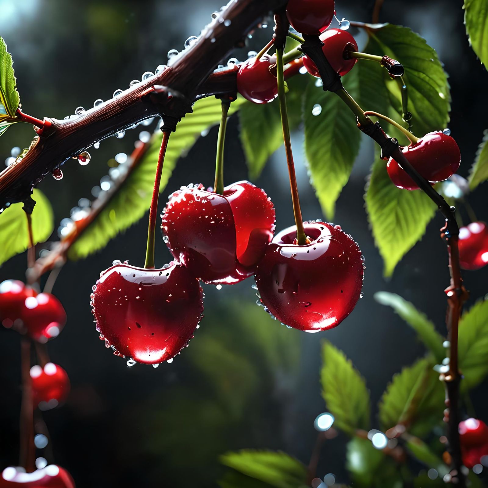 Hyperrealistic Cherries with Condensation in Cinematic Style