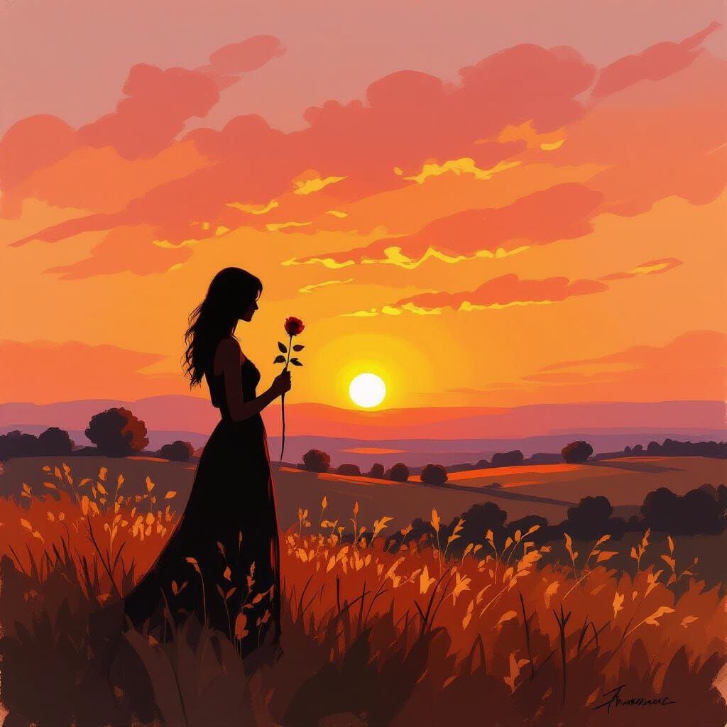Solitary Figure with Rose at Sunset Oil Painting