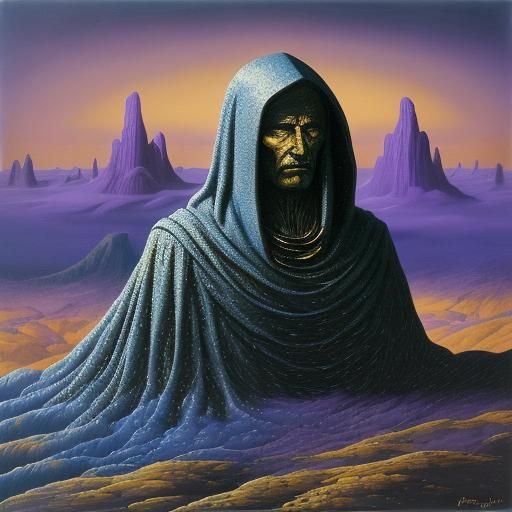 Surreal Figure in Crystalline Landscape: Oil Painting