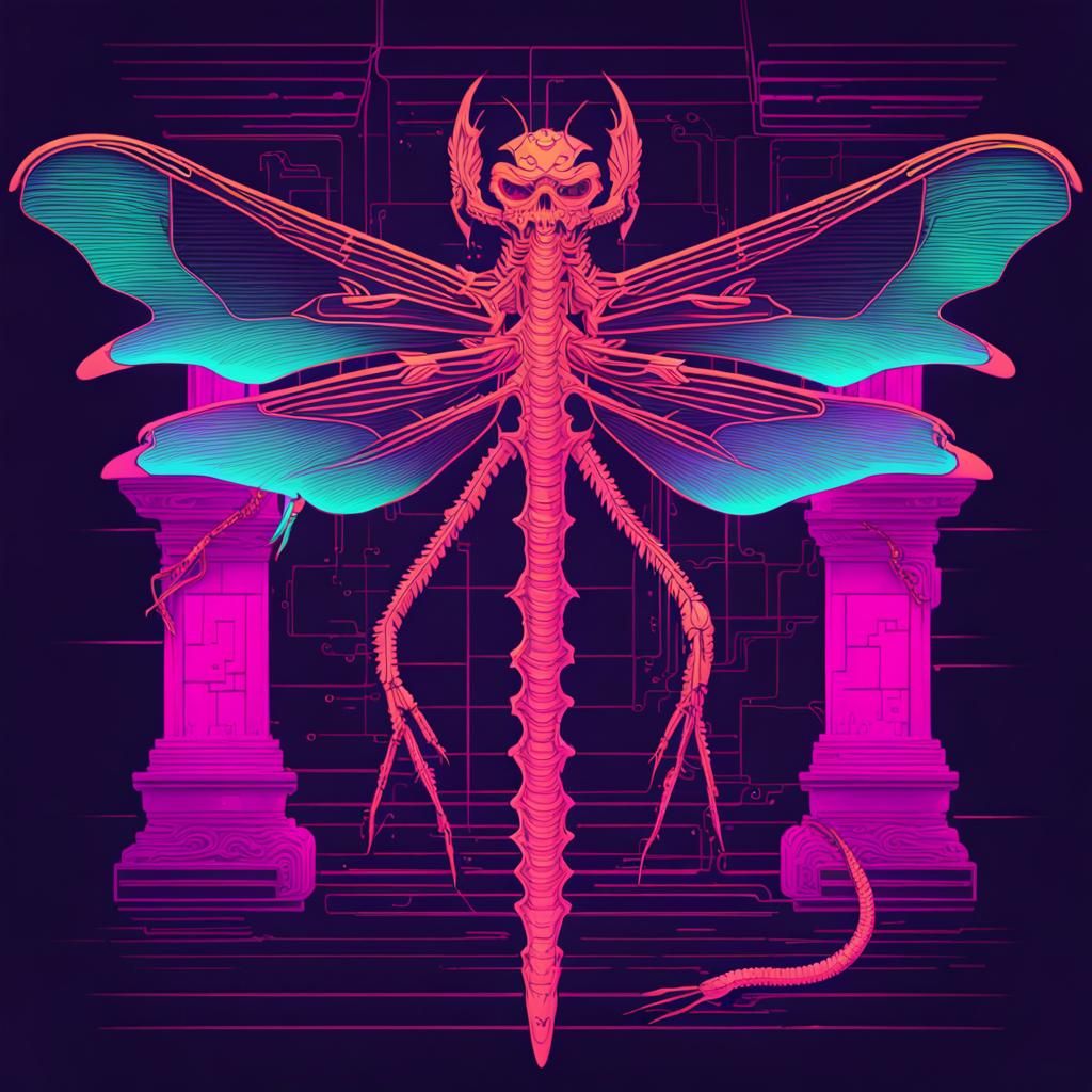 Neon Dragonfly Skeleton in Synthwave Style