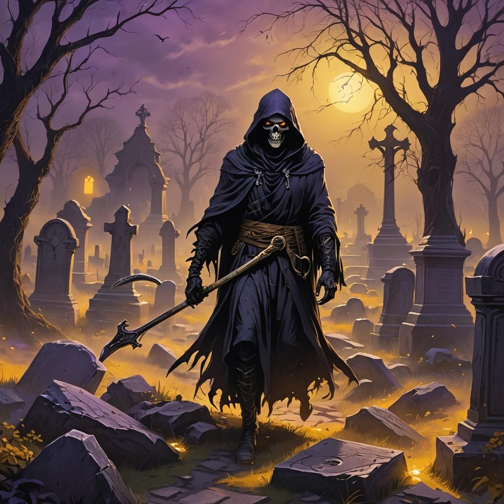 Grim Reaper in Haunted Cemetery: Dark Fantasy Art