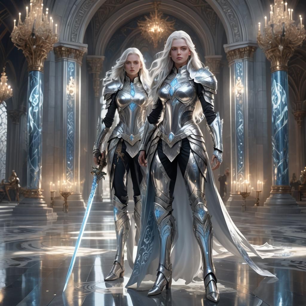 Platinum Warrior in Shimmering Palace: Digital Art