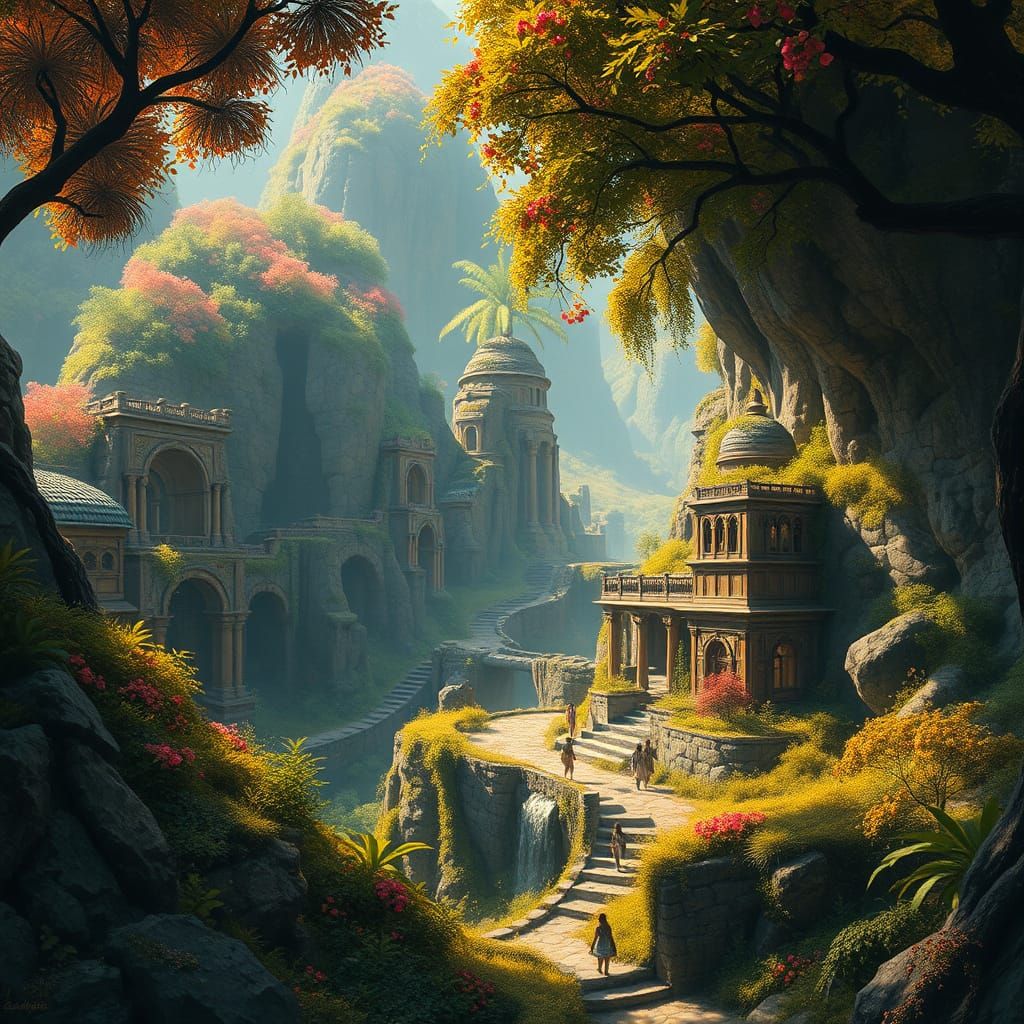 Eco-Villages Among Ancient Ruins in Hyperrealistic Style