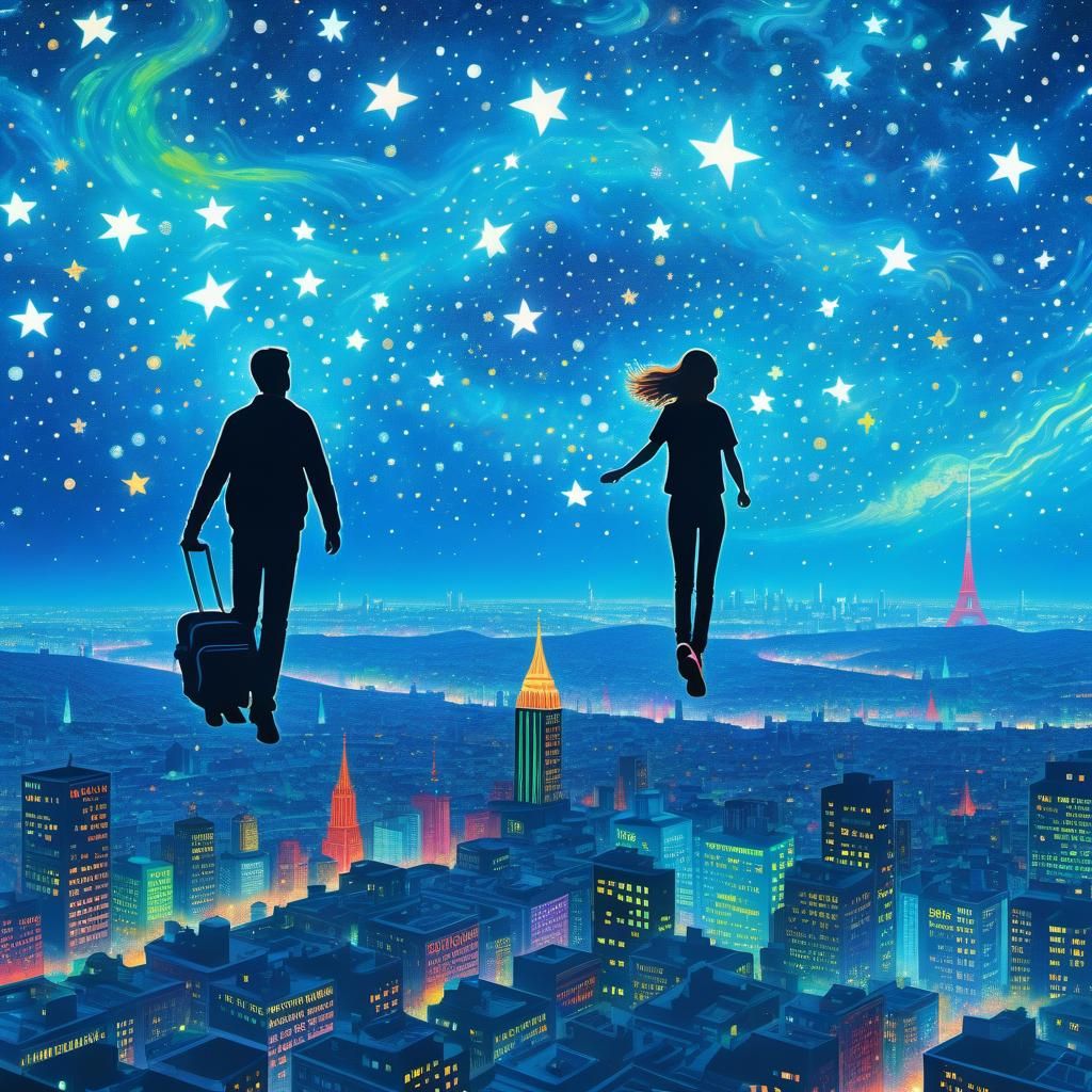 Couple Flying Over City in Retro Cosmic Art