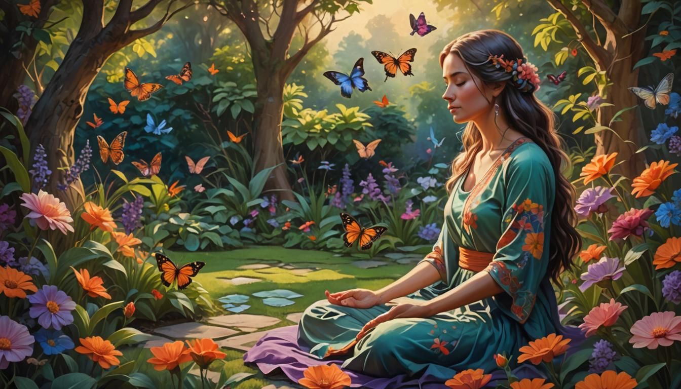 Serene Woman Meditating in Lush Fantasy Garden