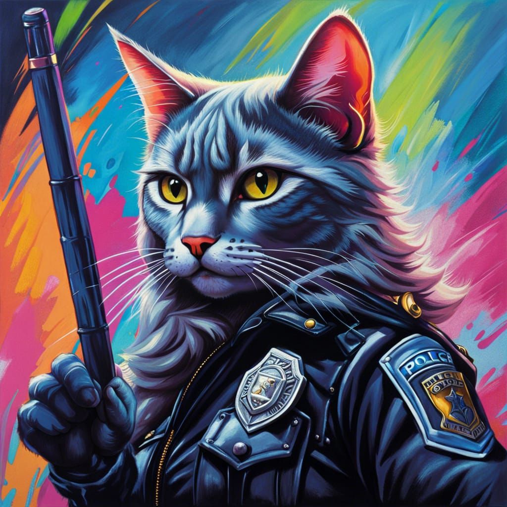 Hyperrealistic Cat Policewoman with Baton in Graffiti Style